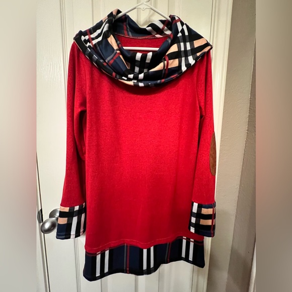 Alaster Queen long sleeved dress with plaid cowl neck and elbow patches, size M - Picture 2 of 7